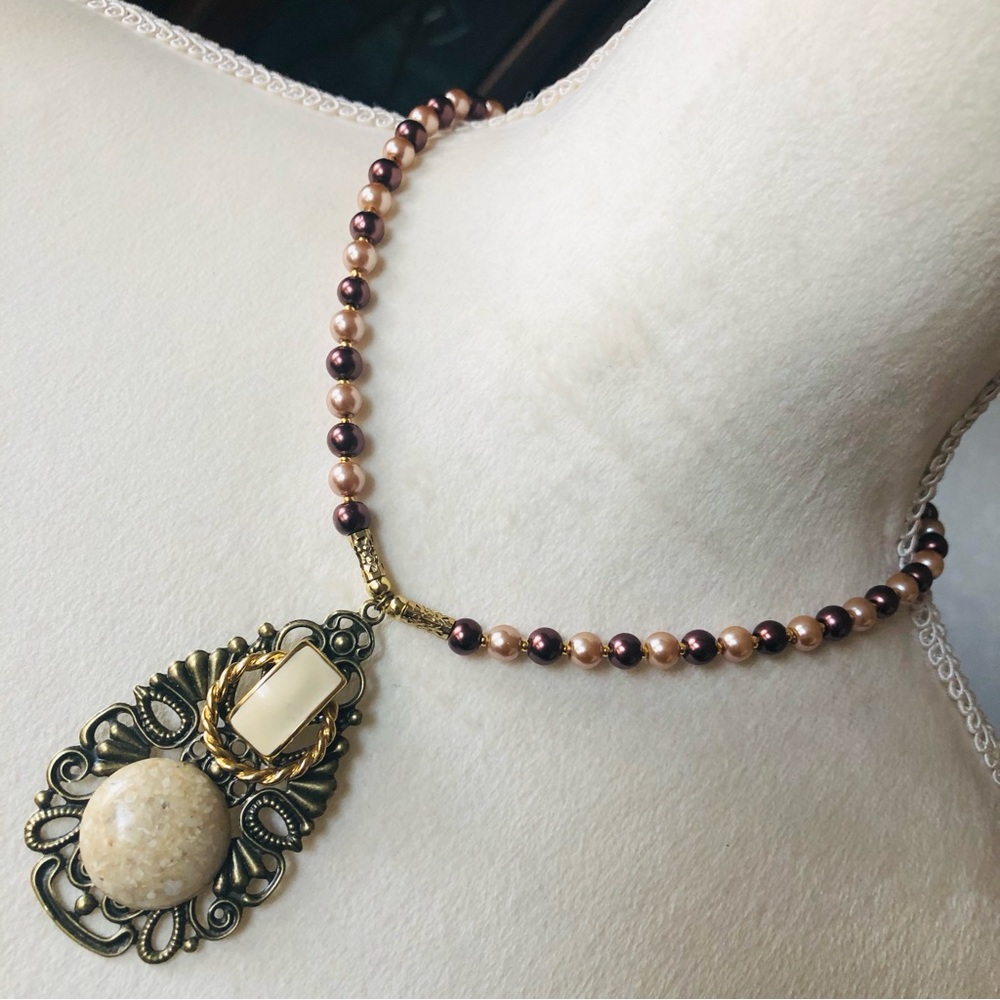 Handcrafted repurpose filigree pendant Czech Pearl necklace